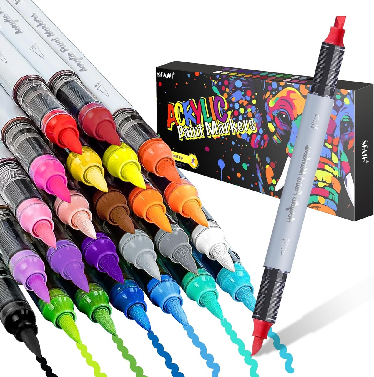 Acrylic Paint Markers, 24 Colors Dual Tips Acrylic Brush Markers With Chisel Tip, Automatic Ink Control, Ultra-High Coverage, No Bleed Water-Based Ink, Art Supplies for Rock, Canvas, Fabric